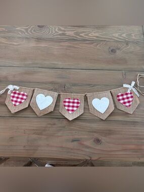 Burlap Heart Banner with Red Gingham and White Hearts